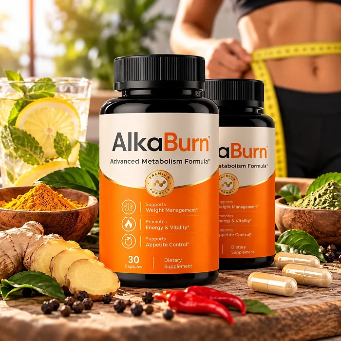 Two AlkaBurn capsule bottles on a wooden board with ginger, mint, lemon water and capsules