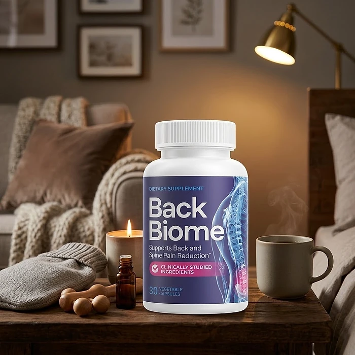 A Back Biome bottle on a bedside table beside a hot water bottle, a candle, a wooden massager and a cup of tea