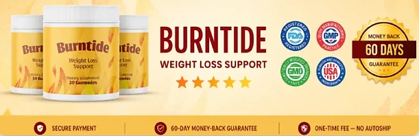 Burntide: FDA-registered, GMP, GMO-free and USA badges with a 60-day money-back guarantee