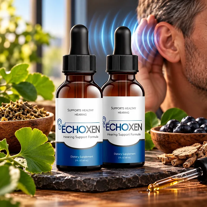 Two Echoxen dropper bottles on a stone beside ginkgo leaves, dried herbs, blueberries and root slices