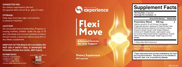 Flexi Move label with suggested use, Supplement Facts and distributor information