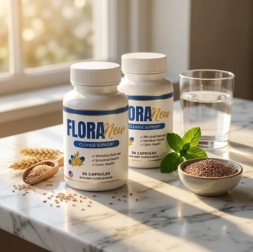 Two FloraNew bottles on a marble counter beside a bowl of seeds