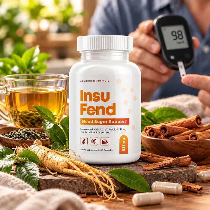 InsuFend bottle on a wooden board beside green tea, ginseng, cinnamon sticks and capsules