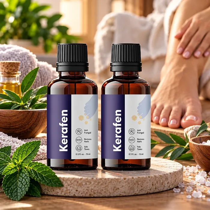 Kerafen dropper bottles on a stone tray beside mint, sea salt and a towel