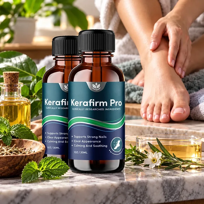 Two Kerafirm Pro bottles on a marble counter beside mint, rosemary, a white flower and a bowl of oil