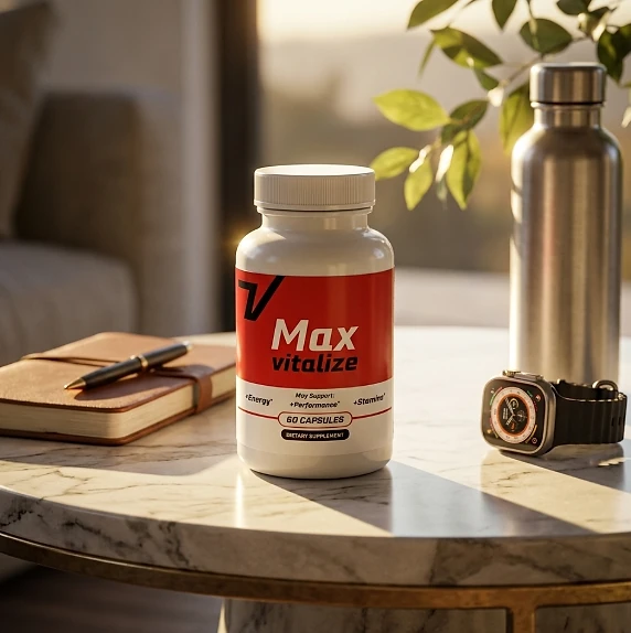 Max Vitalize bottle on a marble table beside a notebook and a watch