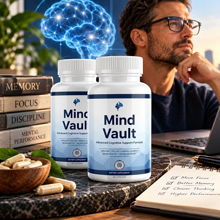 Two Mind Vault bottles on a marble desk beside books, capsules, a notebook and a laptop, with a thoughtful man in the background