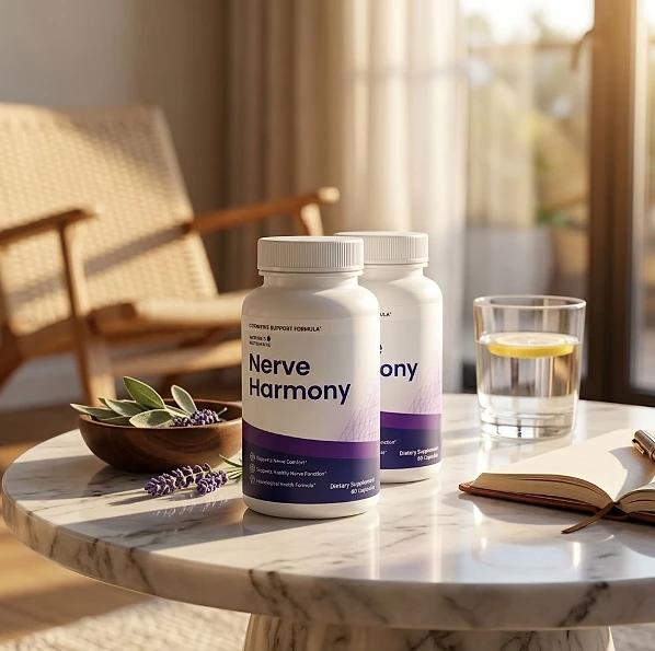 Nerve Harmony bottles on a marble table beside a glass of water