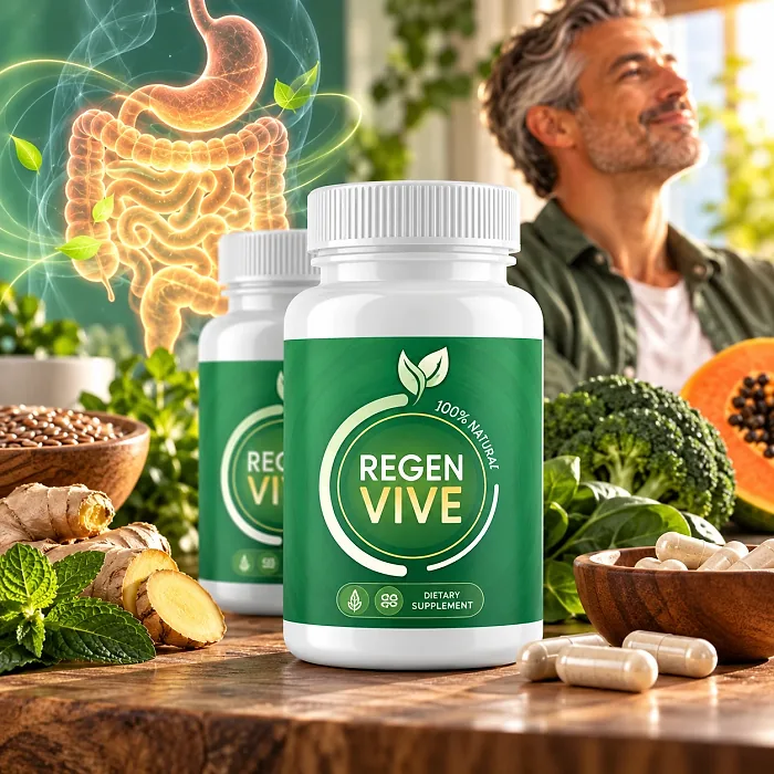 RegenVive bottles beside ginger, mint, broccoli, papaya and capsules