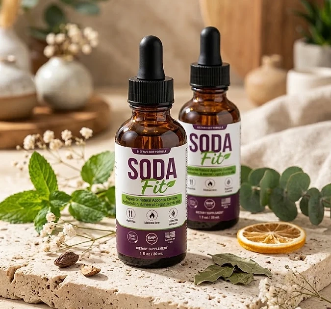 Two SodaFit dropper bottles on a stone counter beside mint, dried flowers and a dried orange slice