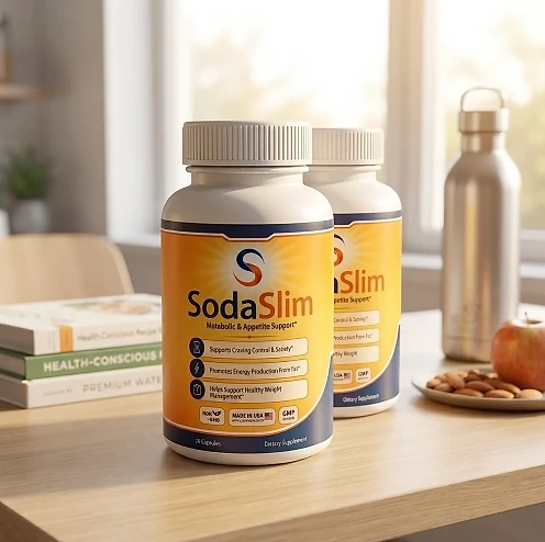 Two SodaSlim bottles on a wooden desk