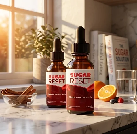 Two Sugar Reset dropper bottles on a marble kitchen counter beside cinnamon sticks