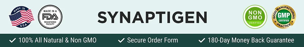 Synaptigen quality seals: made in the USA, FDA-registered facility, non-GMO, GMP and 180-day money-back guarantee