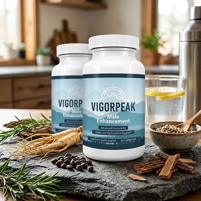 Two VigorPeak bottles on a slate board in a kitchen beside ginseng roots, rosemary, bark and a bowl of seeds